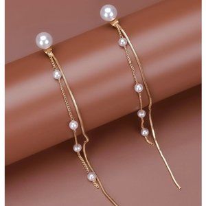 🌟 New 🌟 Elegant Faux Pearl Decor Long Strip Drop Earrings